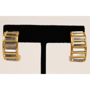 Anne Klein Vintage Baguette Crystal Earrings Hoops Gold Chunky Signed 80s BinAS
